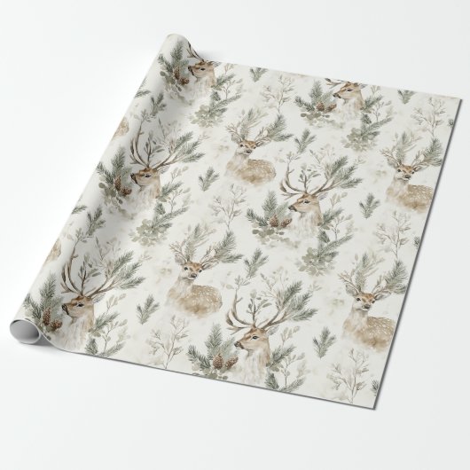 Green Pine Cones Deer Christmas Cadeaupapier (Uitgerold)