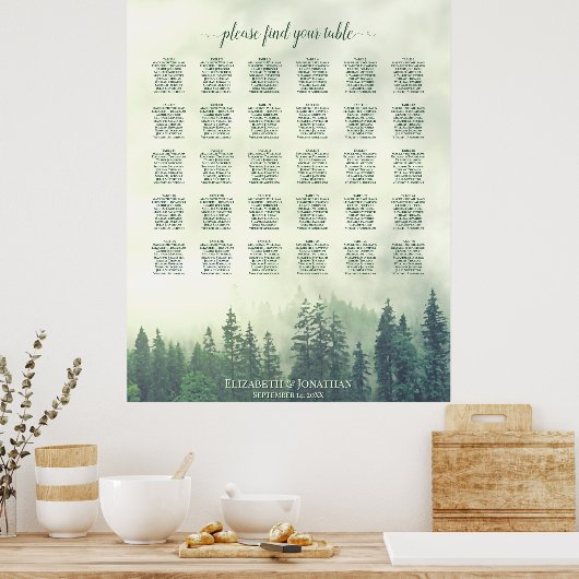 Green Pine Forest 30 Table Wedding Seating Chart Poster (Keuken)
