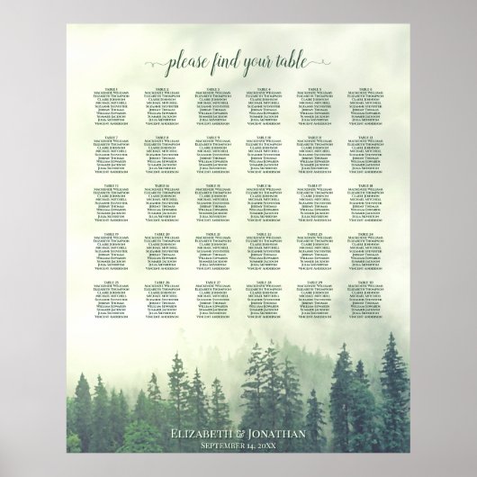 Green Pine Forest 30 Table Wedding Seating Chart Poster (Voorkant)