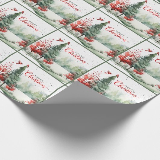 Green Pine Forest and Red Cardinal Birds Christmas Cadeaupapier (Hoek)