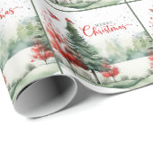 Green Pine Forest and Red Cardinal Birds Christmas Cadeaupapier (Rol Hoek)