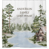 Green Pine Forest Family Lake House Cabin Douchegordijn (Voorkant)