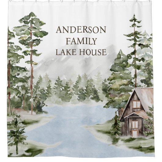 Green Pine Forest Family Lake House Cabin Douchegordijn (Voorkant)