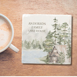 Green Pine Forest Family Lake House Cabin Stenen Onderzetter