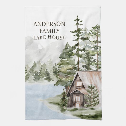 Green Pine Forest Family Lake House Cabin Theedoek (Verticaal)