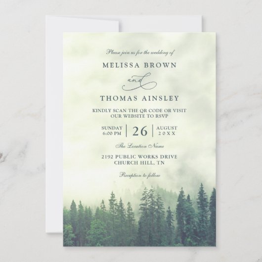 Green Pine Forest Rustic Budget QR Code Wedding Kaart (Voorkant)