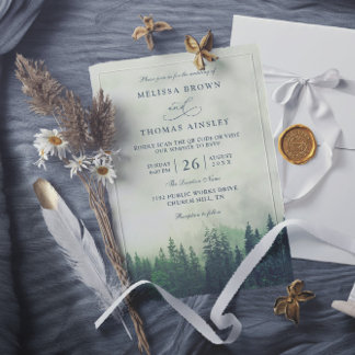 Green Pine Forest Rustic Budget QR Code Wedding Kaart