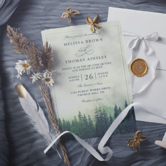 Green Pine Forest Rustic Budget QR Code Wedding Kaart