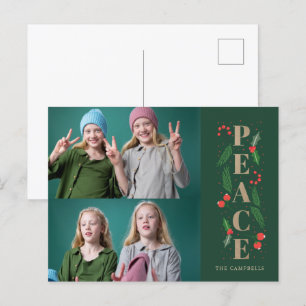 Green Pine Holly Berries Peace Multiple Photo Feestdagenkaart