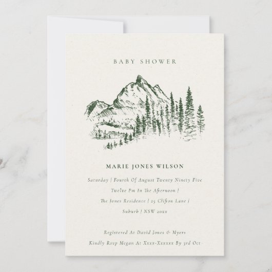 Green Pine Mountain Sketch Baby shower Invite Bedankkaart (Voorkant)