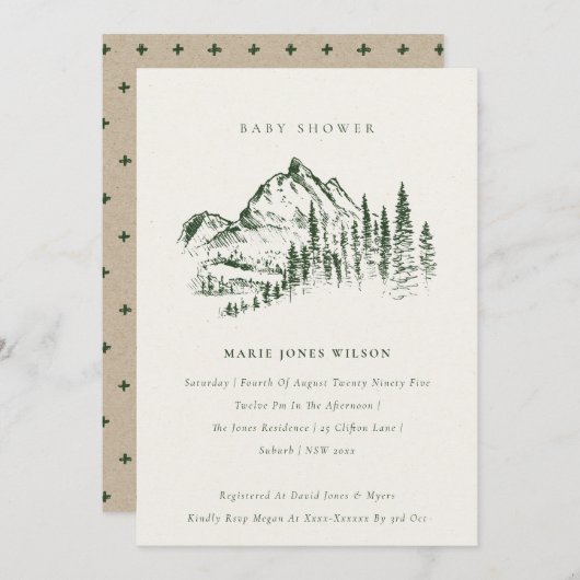 Green Pine Mountain Sketch Baby shower Invite Bedankkaart (Voorkant / Achterkant)