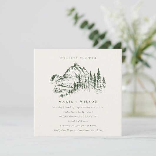Green Pine Mountain Sketch Couples Shower Invite Bedankkaart (Staand voorkant)