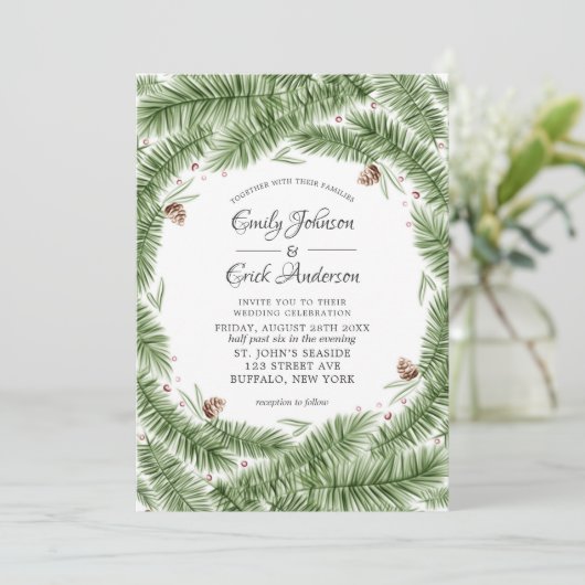 Green Pine Needles Pinecones kerstbruiloft Kaart (Staand voorkant)