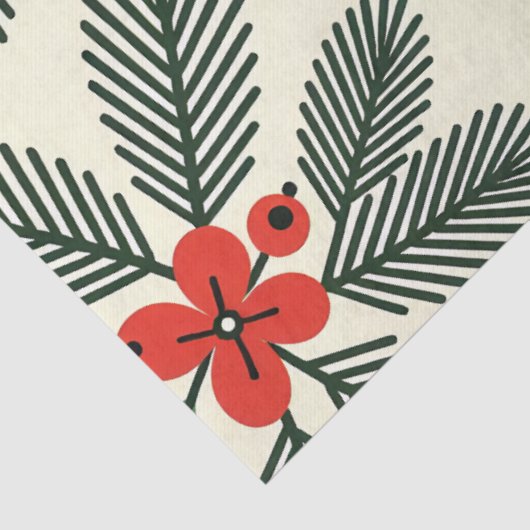 Green Pine Red Holly Berries Sneeuwvlokken Vakanti Tissuepapier (Detail)