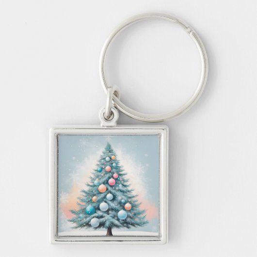 Green Pine Tree & Snowflakes | Blue Orange Coral O Sleutelhanger (Voorkant)