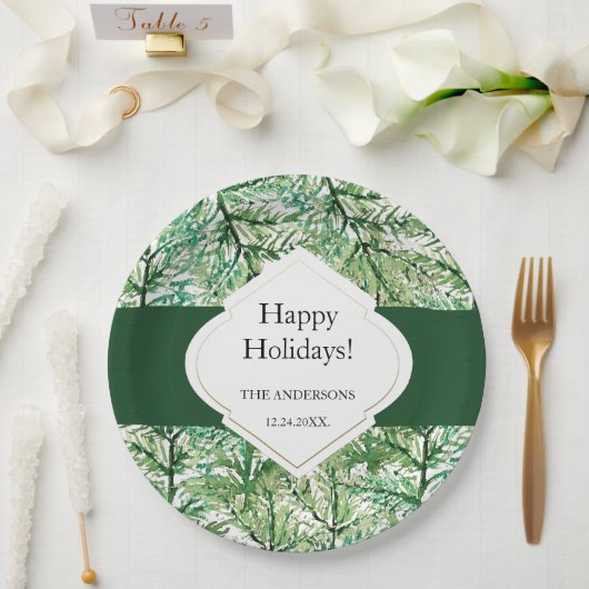 Green Pine Tree Waterverf Art Papieren Bordje (Huwelijk)