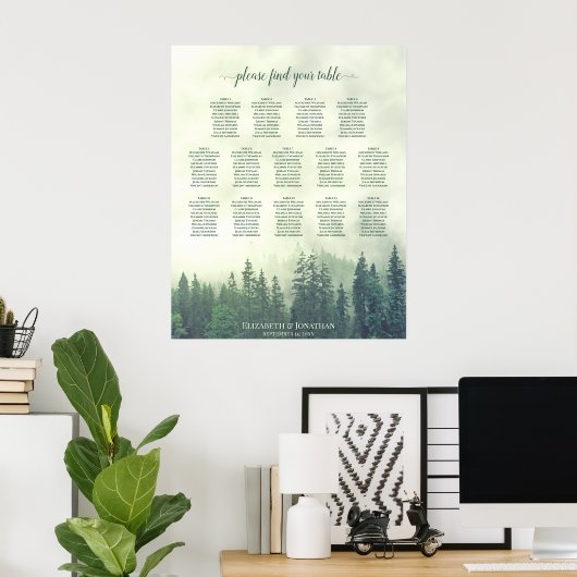 Green Pine Trees 14 Table Wedding Seating Chart Poster (Thuiskantoor)