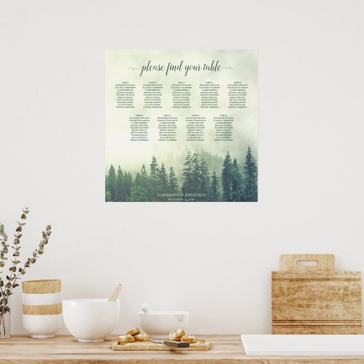 Green Pine Trees 9 Table Wedding Seating Chart Poster (Keuken)