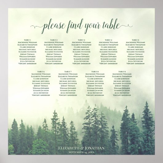Green Pine Trees 9 Table Wedding Seating Chart Poster (Voorkant)
