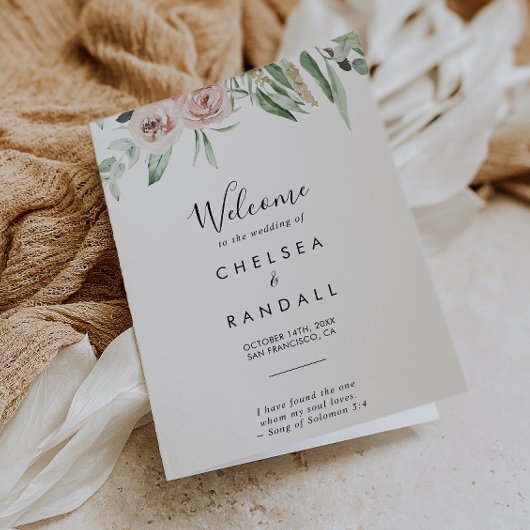 Green Pink Blush Floral Folded Wedding Programme Programma