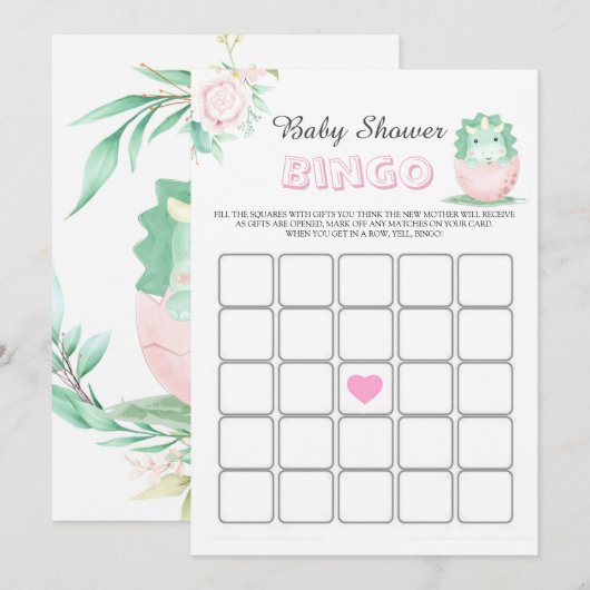 Green Pink Dinosaur Peony Baby shower Bingo Kaart (Voorkant / Achterkant)