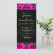 Green Pink en Black Damask Slim Wedding Invite Kaart (Staand voorkant)