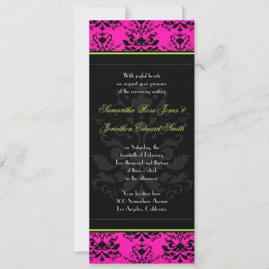 Green Pink en Black Damask Slim Wedding Invite Kaart (Voorkant)
