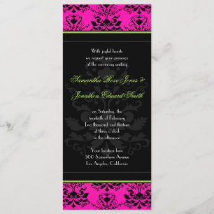 Green Pink en Black Damask Slim Wedding Invite Kaart
