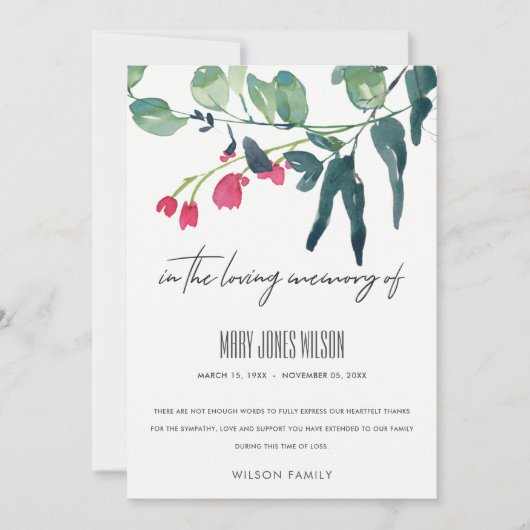 GREEN PINK EUCALYPTUS FOLIAGE SYMPATHY MEMORIAL BEDANKKAART (Voorkant)