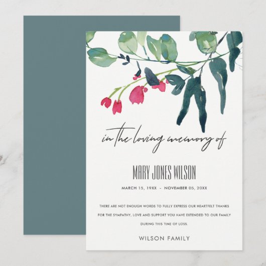 GREEN PINK EUCALYPTUS FOLIAGE SYMPATHY MEMORIAL BEDANKKAART (Voorkant / Achterkant)