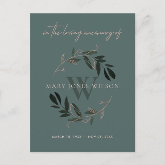 GREEN PINK FAUNA WREATH SYMPATHY MEMORIAL SERVICE UITNODIGING BRIEFKAART (Voorkant)