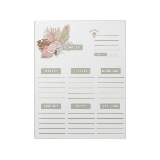 Green Pink Floral Boho Weekly Planner Calender Notitieblok (Linkerzijde)