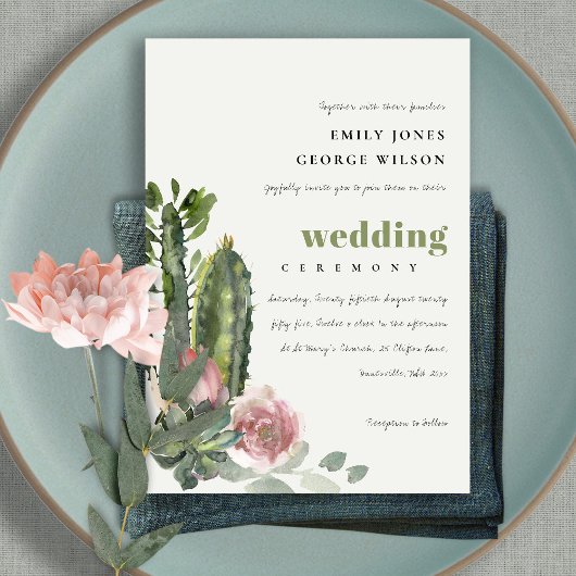 GREEN PINK FLORAL DESERT CACTI FOLIAGE WEDDING KAART