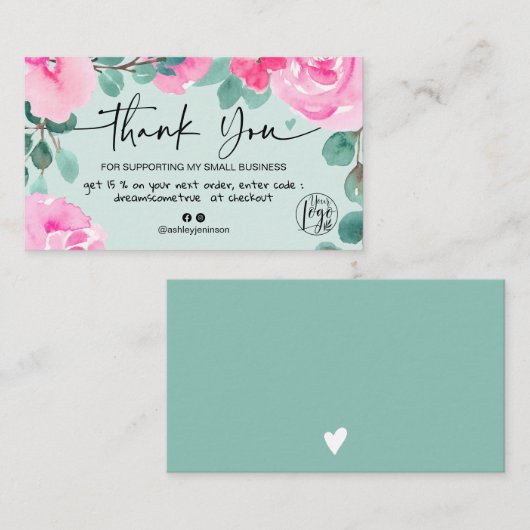 Green Pink floral waterverf order bedankt Visitekaartje (Voorkant / Achterkant)