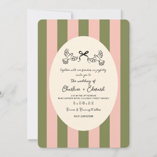 Green Pink Hand drawn Striped Wedding  Kaart (Voorkant)