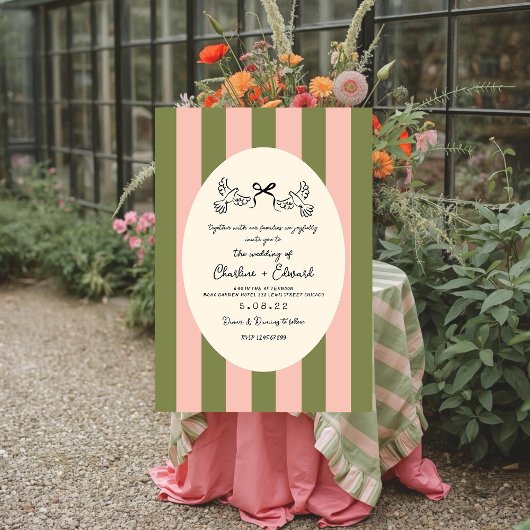 Green Pink Hand drawn Striped Wedding  Kaart