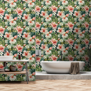 Green & Pink Hibiscus Tropical Forest Behang