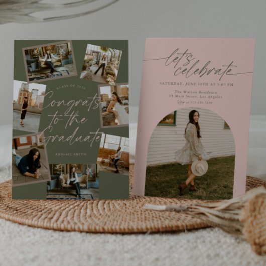 Green & Pink Photo Collage Graduation Kaart