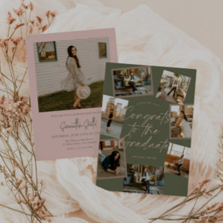 Green & Pink Photo Collage Graduation Kaart