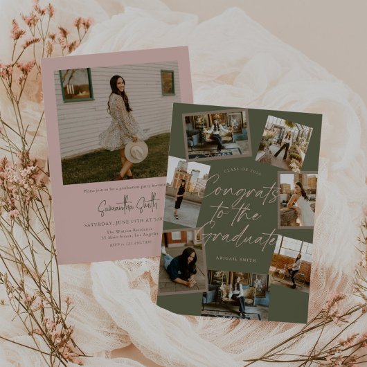 Green & Pink Photo Collage Graduation Kaart