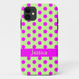 Green Pink Polka Dots Pattern Girly Name iPhone 11 Hoesje