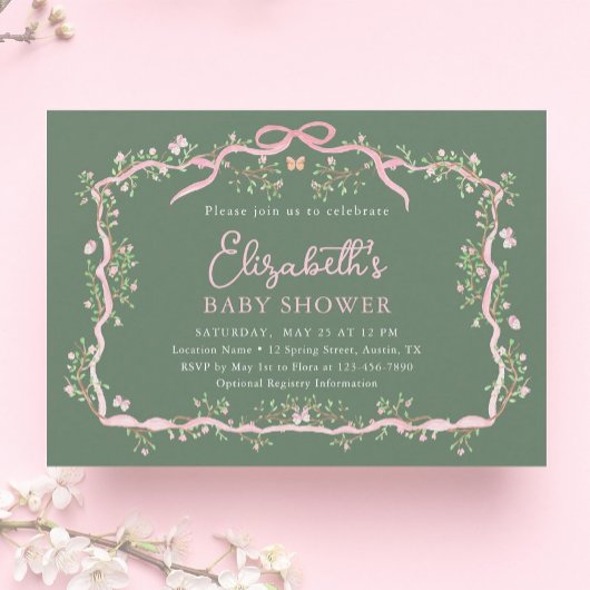 Green Pink Spring Floral Lijst Baby shower Kaart