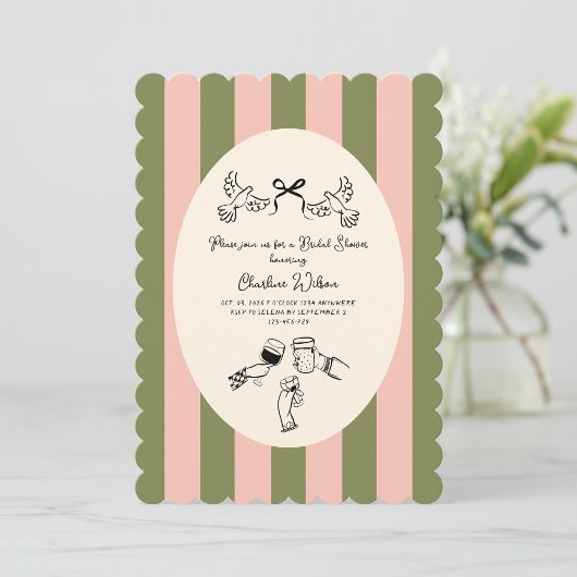 Green Pink Striped Cute illustrated Bridal Shower Kaart