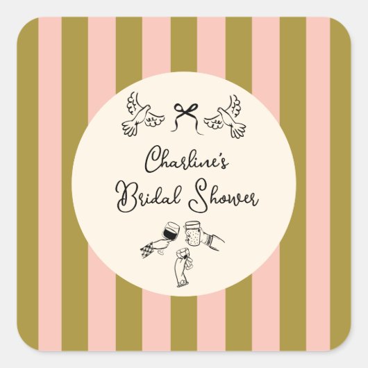 Green Pink Striped Cute illustrated Bridal Shower Vierkante Sticker (Voorkant)