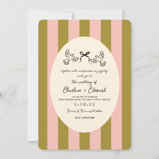 Green Pink Striped Hand drawn  Wedding  Kaart (Voorkant)