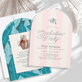 Green & Pink Stripes Palms Graduation Party Photo Kaart