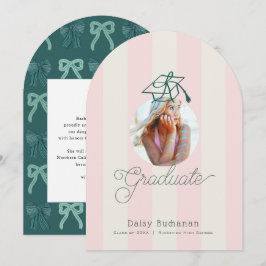 Green Pink Stripes Photo Graduation Announcement Kaart