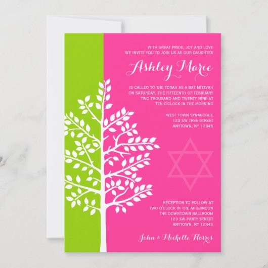 Green Pink Tree of Life Bat Mitzvah Kaart (Voorkant)