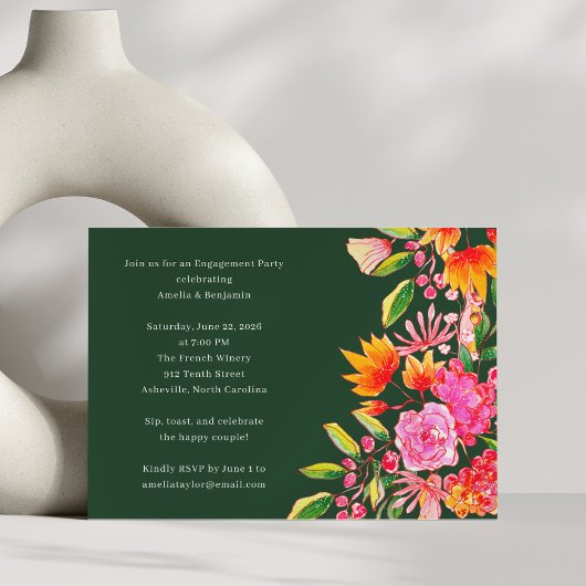 Green Pink Watercolor Floral Engagement Party Kaart