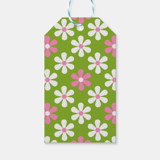 GREEN PINK WHITE DAISY FLOWERS CADEAULABEL (Voorkant)